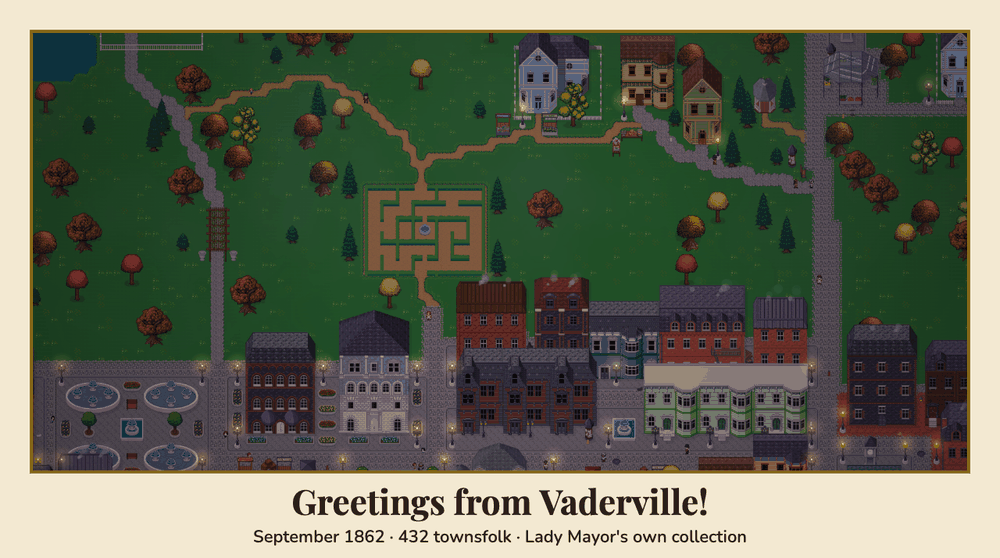 The same town at night in September 1862 — gas lamps lit, a hedge maze in the park, brick terraces along the high street, 432 townsfolk.